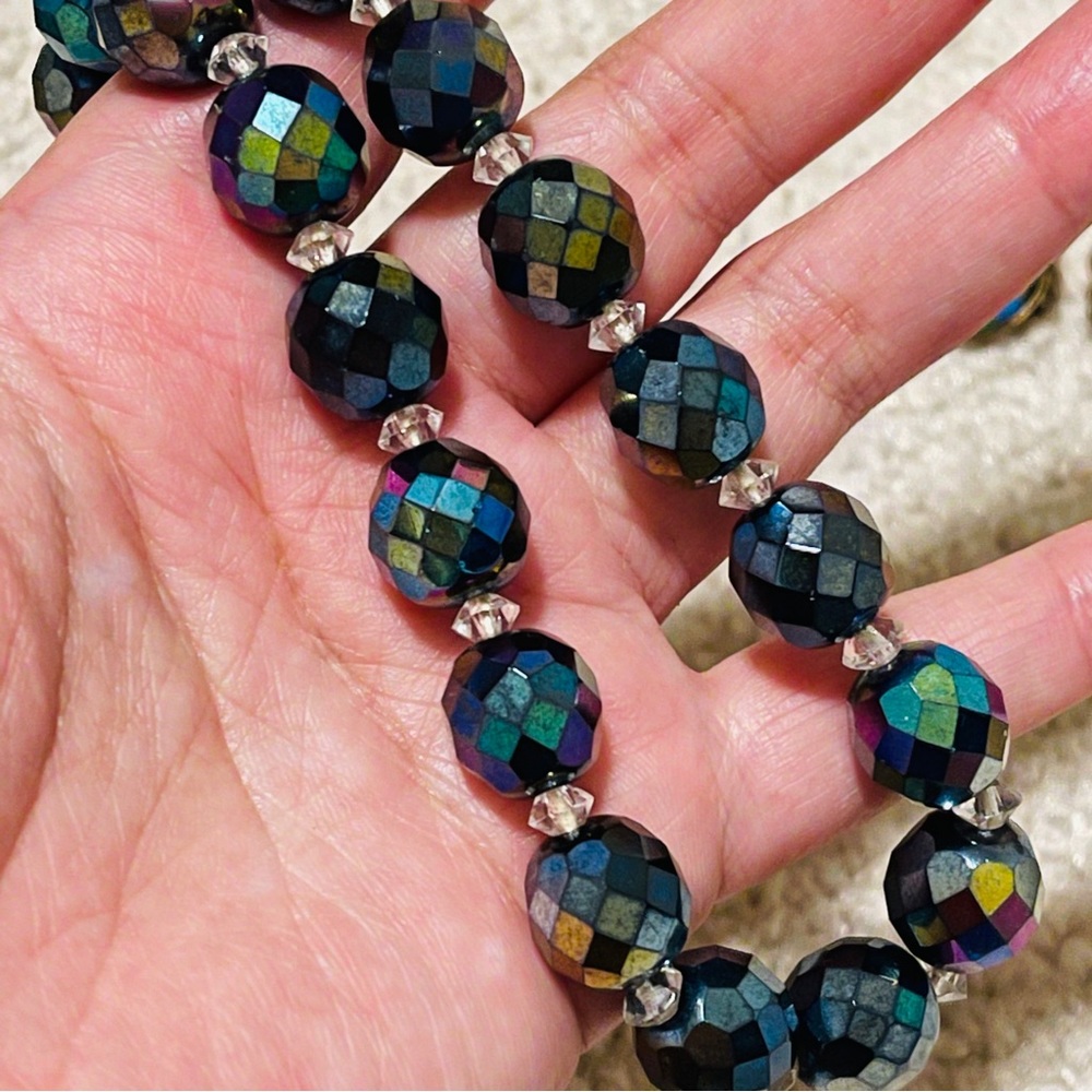 Vintage W Germany Aurora Borealis Rhinestone necklace with clip on Earrings set